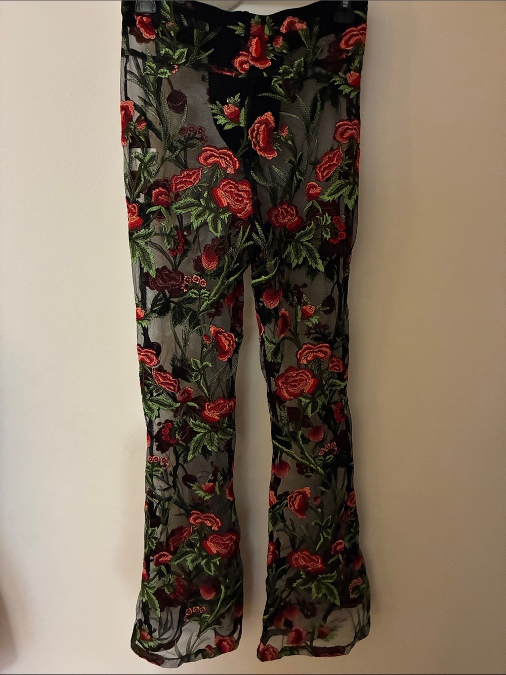 Beginning Boutique Black Sheer lace front Pants with Red Floral Embroidery Small - Picture 7 of 10